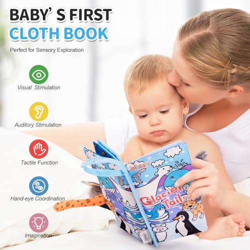 Image of Jollybaby Baby Cloth Books, Touch & Feel Crinkle Soft Books, for Infants Babies, Toddler Early Educational Interactive Stroller Toys, Baby Girl & Boy Gift(Glacier Tails)