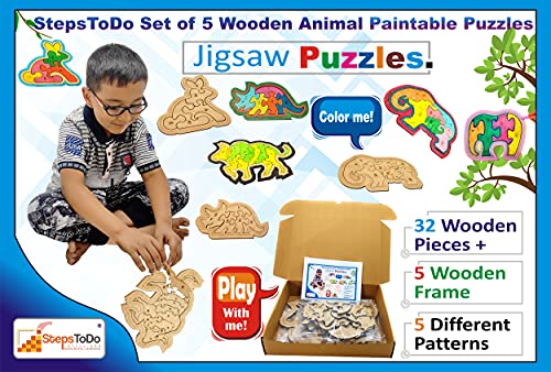 StepsToDo Set of 5 Wooden Jigsaw Puzzles. Paintable Animal Puzzle Set for Early Education and Home Schooling. Montessori Learning Toys (32 Wooden Pieces + 5 Wooden Frame) 5 Different Patterns.