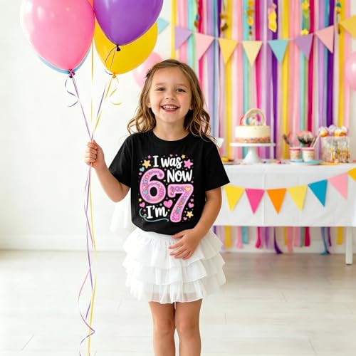 Weripoah I was 6 Now Im 7 Decorations Shirt for Girls 7th Funny Birthday Shirts Girl Six Seven Shirt for Kids(Black,130)