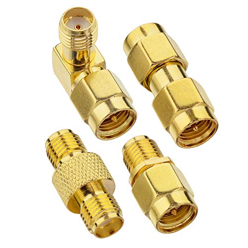 BOOBRIE 4 Stück SMA Anschluss Kits SMA Stecker Adapter und SMA Buchse Adapter SMA Verbinder HF-Koaxialstecker Geraden Typ und 90 Grad Koaxialstecker für WLAN Antennen,FPV Drohnen,Verlängerungs kabel Cover