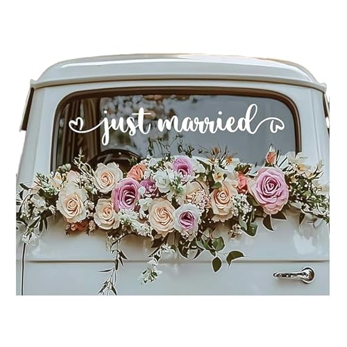Just Married Car Decal for Wedding & Honeymoon Romantic Heart Vinyl Sticker for Newlyweds Wedding Car Decorations Getaway Car Sign 28 x 5.2 Inch