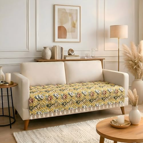 Image of BSB HOME Cotton Sofa Cover Throw with Tassels, Soft Breathable Fabric, Printed Couch Cover for Living Room, Lightweight Furniture Protector (27 x 70 Inches / 69 x 178 cm) (Yellow & Olive Green)