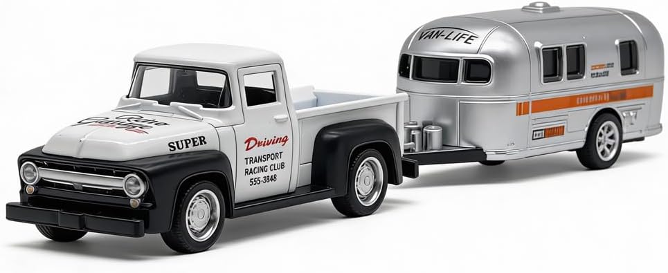 VIIGER Pickup Truck Trailer Towing Toy Camper RV Motorhome Toys for Boys Diecast Model Car Metal Pull Back Toy Cars, 3 4 5 6 7 Year Old Toddler Kids Birthday Gifts Cake Topper Home Office Dรฉcor White