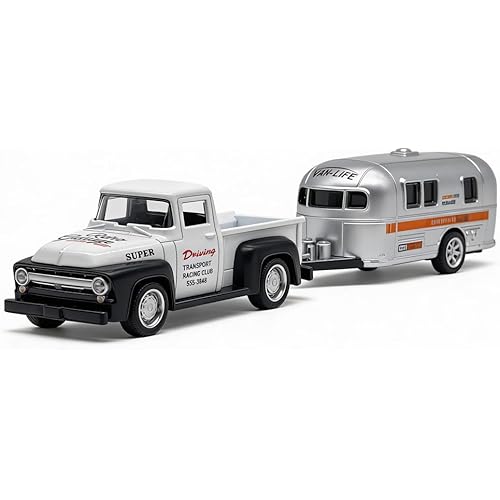 VIIGER Pickup Truck Trailer Towing Toy Camper RV Motorhome Toys for Boys Diecast Model Car Metal Pull Back Toy Cars, 3 4 5 6 7 Year Old Toddler Kids Birthday Gifts Cake Topper Home Office Décor White
