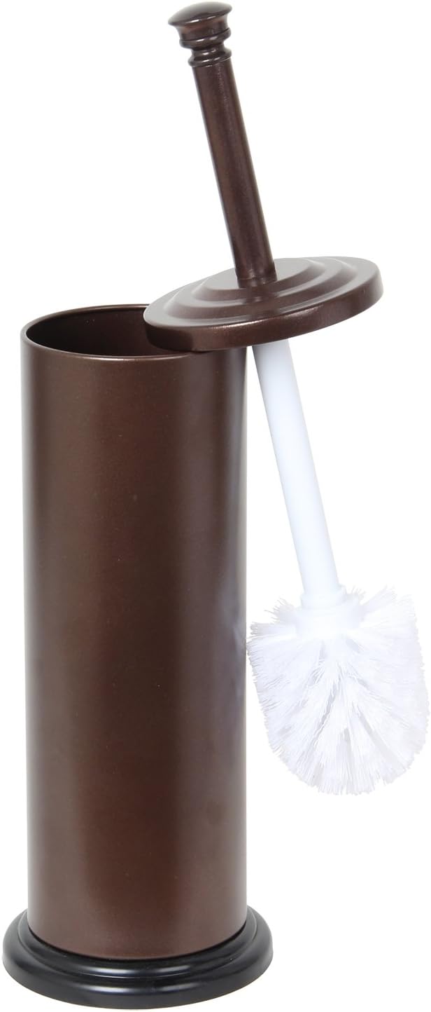 Steel Toilet Bowl Brush and Holder with Bronze Finish by Home Basics | Durable Bathroom Cleaning Tool with Tapered Nylon Head and Splash Guard | Removable Inner Bucket