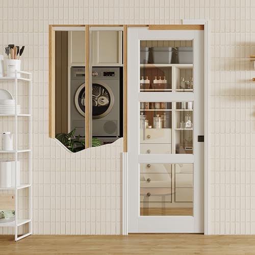 Image of Sliding Pocket Door with Lock, 30 inch x 80 inch, 3-Lite Clear Tempered Glass Pocket Doors with Frame and Hardware Kit Set, Interior Door Slab, White Primed - No Panel Assembly Required
