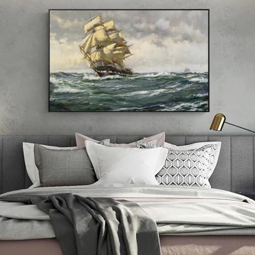 Tableau moderne pour grand mur vide | Toile marine 90x140cm encadrée solution déco salon