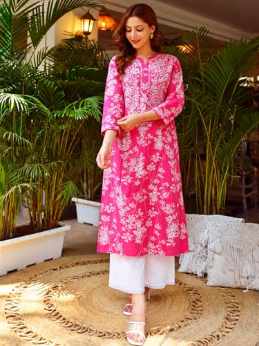 Image of GoSriKi Cotton Blend Embroidered Straight Kurta for Women | Cotton Blend Pink | 3 /4 Sleeve | Round Neck V-Slit | Ethnic Wear Casual Wear