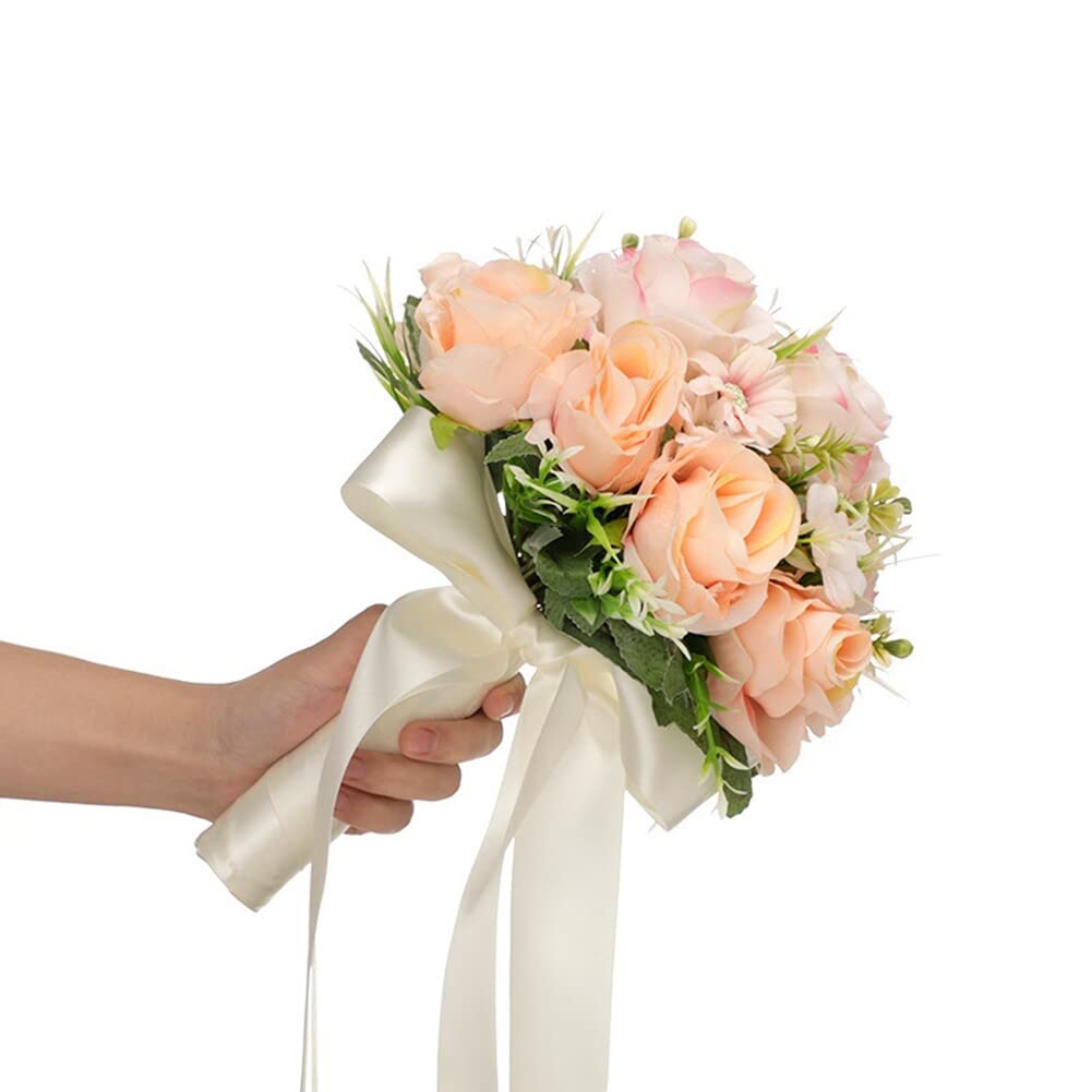 HIFRQVVC Fiori da Sposa Che Si tengono a Mano, 8,7 Pollici Rosa Antico, Cascata Artificiale Champagne Rose Bouquet da Sposa Fiori Matrimonio for Cerimonia Anniversario Festa Decorazione della casa