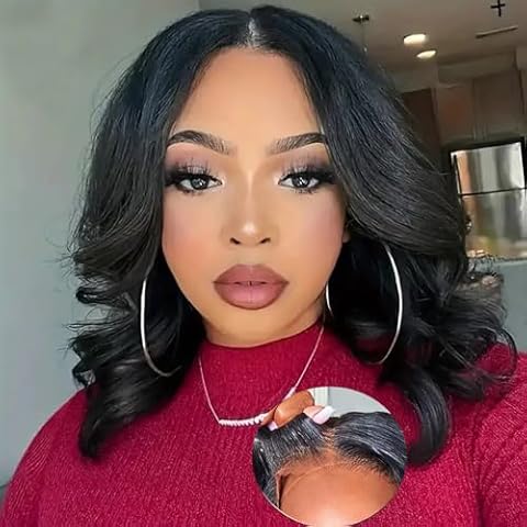 Manorshen 4x4 Glueless Bob Wig Human Hair Body Wave Wig Pre Plucked Pre Cut Lace Closure Wear and Go Wigs for Women Human Hair 180% Density Transaprent Lace Natural Color for Beginners Cover