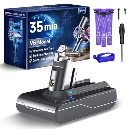 Image of HIPOW 35 Minutes V6 Battery Replacement Compatible with Dyson V6 Animal /Absolute /Motorhead /Fluffy /SV03 /SV04 /SV05 /SV06 /SV07 /SV09 /DC58 /DC59 /DC61 /DC62 /DC72 /DC74 Vacuum with 3 Filters (3 Pre)