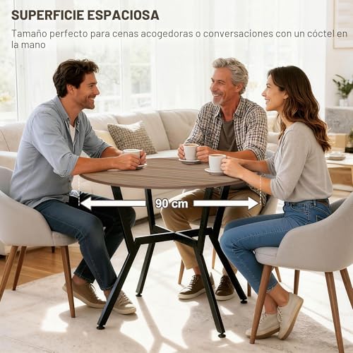 Miniatura 6 de Homcom Mesa De Comedor Redonda Mesa De Cocina Industrial Con Tapa De Madera Y Marco De Acero Para Salón Carga 60 Kg Ø90x76 Cm Marrón