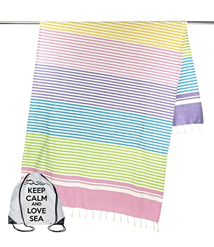 Toalla de playa FOUTA tamaño grande 100 x 200 cm de puro algodón con mochila playa Keep Calm (Righe Colorate) Cover