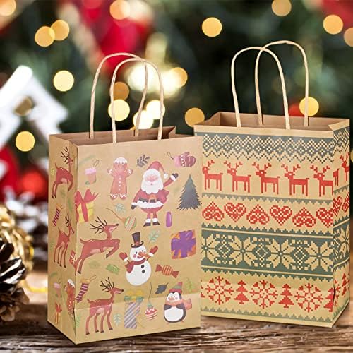 Medium Christmas Kraft Gift Bags 24 Count Assorted Styles Bags Xmas Paper Bags with Handles Christmas Goody Bags with Christmas Prints for Xmas Gift Wrapping Christmas Party Supplies