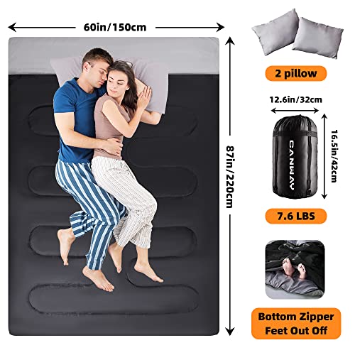 Canway Double Sleeping Bag With 2 Pillows, Waterproof Lightweight 2 Person Sleeping Bag For Camping,Backpacking, Hiking Outdoor Indoor For Adults Or Teens Queen Size Xl （Black-Polyester） #TOP1