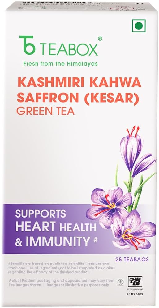 Kashmiri Kahwa Green Tea | 25 Tea Bags | Whole Green Tea Leaves with Saffron, Cardamom, Cinnamon, Clove and Almond | Gluten-Free Tea, Medium-Caffeine