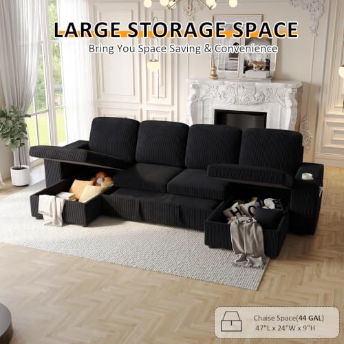 Image of Modular Sectional Sleeper Sofa Bed, 117 inch U-Shaped Sofa with Dual Storage Chaise | Reclining Backrest | Wide Armrest, Couches for Living Room, 4 in 1 Pull Out Couch Bed, Corduroy Black