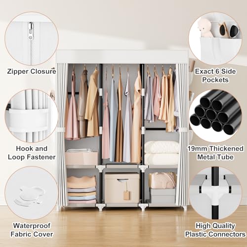 Miniatura 4 de Vicye Armario De Ropa, Armario De Tela, Armarios Con Tapa, 3 Barras Para Colgar, 6 Estantes De Almacenamiento Y Bolsillos Laterales, Tubo De Metal De 19 Mm De Diámetro, Para Dormitorio, Blanco