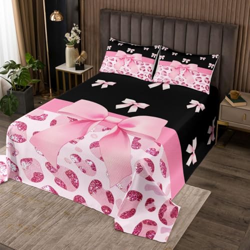 Homemissing Rosa Bow Bettüberwurf Jungen Mädchen Glitter Leopard Tagesdecke 170x210cm atmungsaktive weiche niedliche Bowknot Wohndecke 2Stück Tierdruck Schlafzimmer Dekor