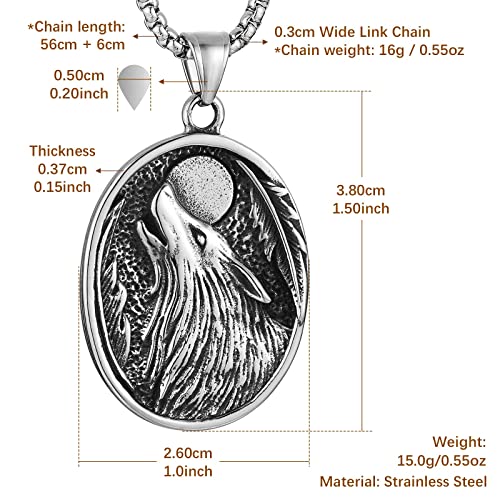 Hzman Stainless Steel Nordic Viking Wolf Head Necklace For Men Boys Vintage Hip Hop Red Eye Fenrir Wolf Animal Amulet Pendant Jewelry Gift (Full Moon Night) #TOP25