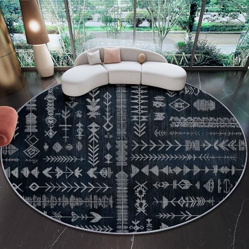 Genérico 90 cm Alfombras Redondas para Sala de Estar, Arte Tradicional Tribal Geometría Estampada Alfombra Redonda Lavable Negro - Pelo Corto Suave Franela Alfombras para Dormitorio Comedor