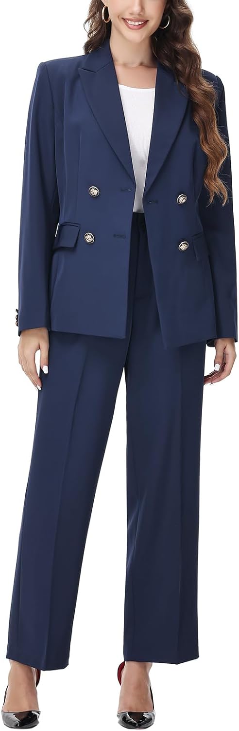 Lamgool Womens 2 Piece Double Breasted Pant Suit Business Professional Blazer Outfits for Work Office