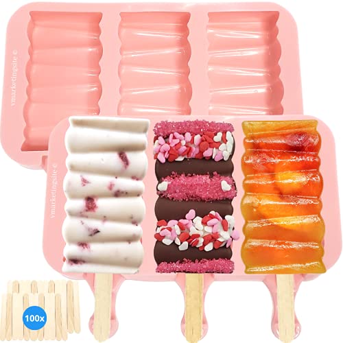 Vmarketingsite Lot de 2 moules à glace en silicone sans BPA avec 100 bâtonnets en bois pour crème glacée, rectangulaire Cover
