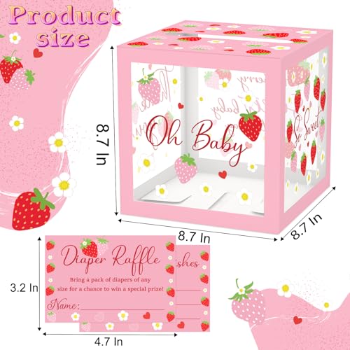 Image of 51Pcs Strawberry Diaper Raffle Tickets with Box for Baby Shower Games, A Berry Sweet Baby Is On The Way Diaper Raffle Card Box for Gender Reveal Raffle Party Decoration Clear Card Boxes