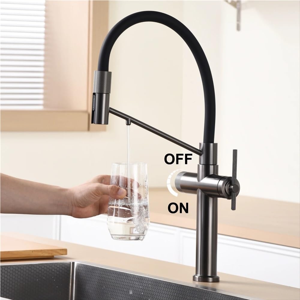 QHQQXN Rubinetto da Cucina Moderno Estraibile in Ottone, Acqua Calda e Fredda, Pistola a spruzzo a 2 funzioni, Finitura Grigia, connessione G3/8, Perfetto per lavelli Moderni e Uso efficiente