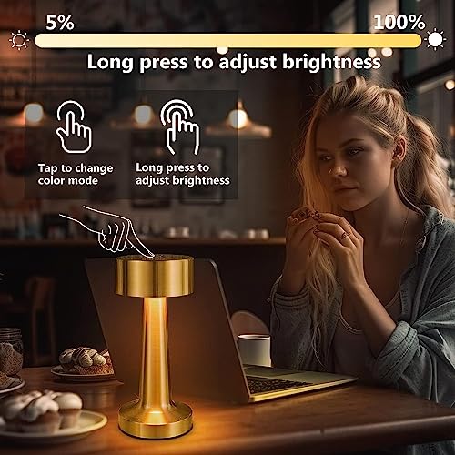 Image of XERGY LED Metal Lamp with Rechargable Battery Touch,3 Colors Stepless Dimming, 800MAH Rechargeable Battery Operated, Restaurant,Night Light for Kids Nursery,Nightstand (Gold)