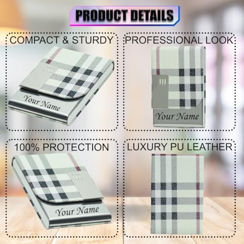 Image of Engraved Your Name Customized On Vertical Card Holder -Luxurious Unisex Design-RFID Blocking Stainless Steel 1 x 10 x 6 cm for Credit|Debit|ATM|Business Visiting Corporate Gift (White-PTI)