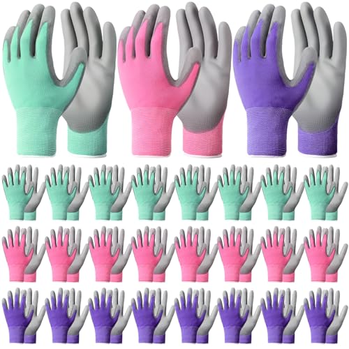 Maxdot 24 Pack Gardening Gloves for Women 3 Colors Womens Work Gloves PU Coated Grip Work Gloves Outdoor Gloves for Weeding Digging and Pruning