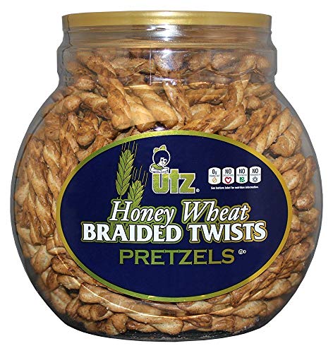 Utz Honey Wheat Braided Pretzel Twists â€“ 56 oz Barrel â€“ Sweet Honey Taste, Thick, Crunchy Pretzel Twists, Perfect for Dipping and Snacks, Zero Cholesterol Snack Food