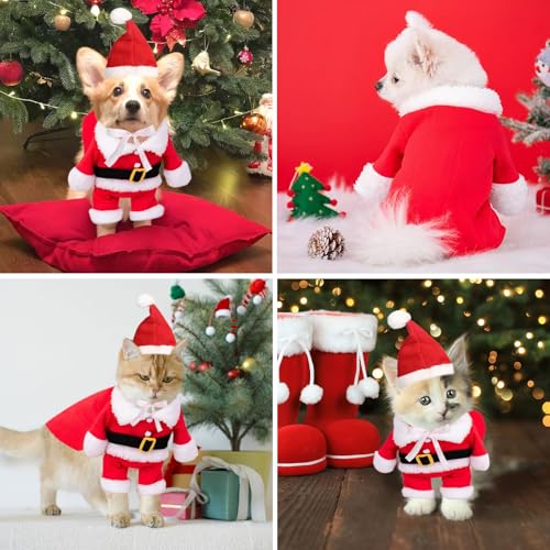 Hundekostüme Weihnachten, Katze Hund Weihnachtskostüm mit Nikolausmütze Weihnachtshund Cosplay Outfit, Weihnachten Haustier Umhang für Neujahr Lustige Anzieh Haustierpartys Bekleidung Anzüge