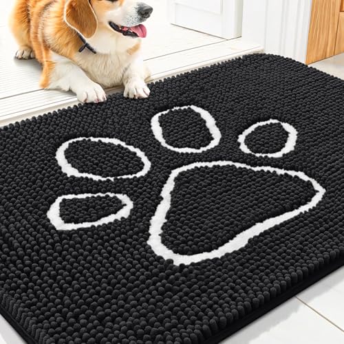 Image of Smiry Dog Door Mat for Muddy Paws, Absorbent Dirt Trapper Non Slip Quick Dry Washable Chenille Mat for Mud Dogs, Entry Rug for Indoor and Outdoor (30x20 Inches, Black and White)