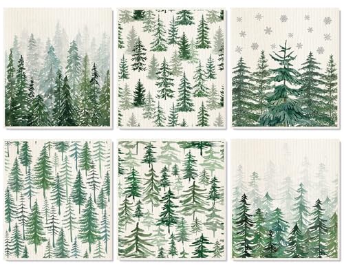 6Pcs Christmas Swedish Dishcloths Watercolor Forest Pine Tree Kitchen Towels Winter Xmas Reusable Cotton Absorbent Dish Towels for Home Party Housewarming Cleaning 7 x 8 Inch