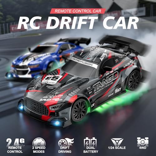 Image of RC Drift Car,1:24 4WD High Speed Electric Remote Control Car with LED Lights,Drifting Tires,2 Batteries,Dual Mode Tires,Hobby Racing Toy Car for Adults & Kids