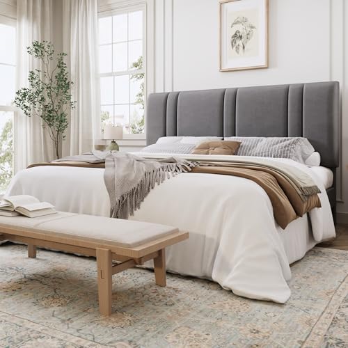 SHA CERLIN King Size Velvet Bed Frame with Adjustable Headboard, Grey