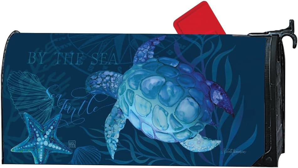 Studio M Fits Standard Size 6.5 x 19 Inch Mailbox Weather Resistant Vinyl The Original Magnetic Mailbox Cover, Decorative MailWrap Sapphire Blue Sea Turtle