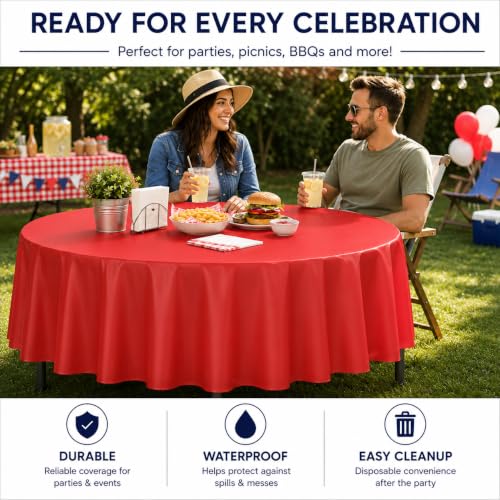 Image of Party Dimensions Red Disposable Plastic Tablecloth, Round, 84 inch, 12 Pack | Disposable Waterproof Table Cover for Birthdays, Weddings, Graduations, Picnics & BBQs, Indoor /Outdoor, Fits Tables up to 72 inch