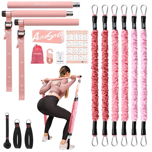 ALongSong Upgraded Pilates Bar Kit with Resistance Bands Wrapped Natural Latex, Heavy-Duty Stainless Steel Multifunctional Yoga Pilates Stick for Home Gym Exercise Fitness Equipment Full-Body Workouts