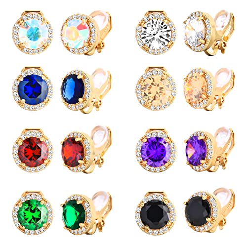 NEWITIN 8 Pairs Clip On Halo Earrings for Women Crystal Earring Inlaid Cubic Zirconia Stud Charming Fashion Wedding Earring Non Piercing Clip on Earrings for Women