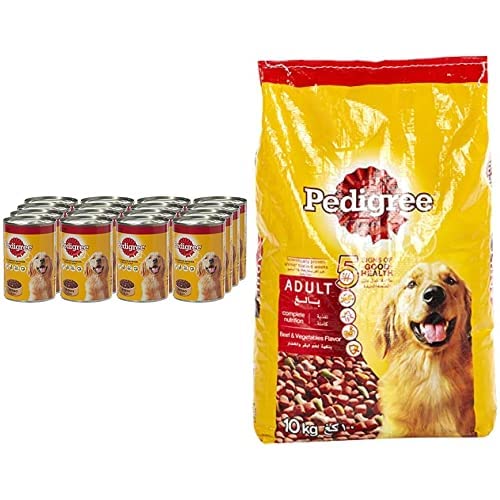 Beef Chunks in Gravy, Wet Dog Food, Can, 24 x 400g + Pedigree Beef & Vegetables, Dry Dog Food (Adult), 10kg
