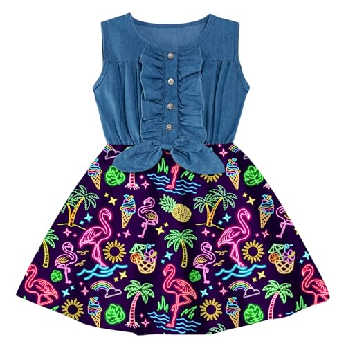 Enlifety Girls Neon Dresses Size 6 7 Glow Party Flamingo Palm Tree Hawaiian Dress Cowgirl Denim Outfit for Summer Casual School