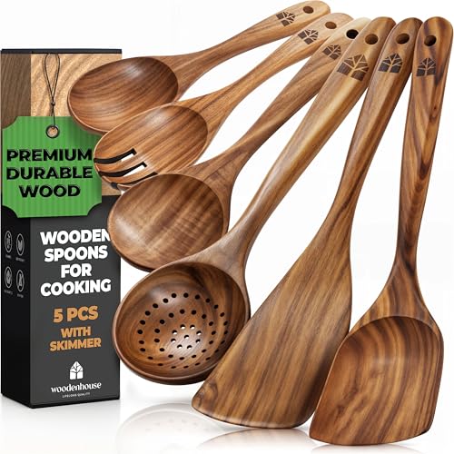 Image of Wooden Spoons for Cooking, Teak Wood Kitchen Utensil Set - Multipack
