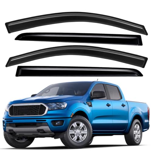 Lightronic Extra Durable Outside-Mount Auto Vent Window Visor, Fits 2019-2025 Ford Ranger SuperCrew, UV Protection Rain Guard, Original Wind Deflector, No-Drill Easy Install, Dark Smoke, 4-Pcs