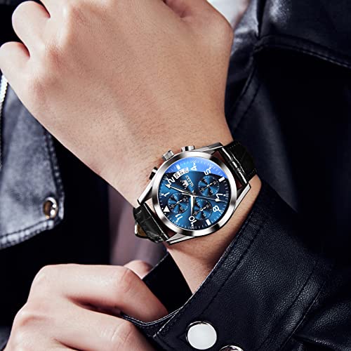 Olevs Leather Watches For Men Blue Silver Watches Men Bezel Chronograph Black Faux-Leather Wristwatch Men's Sport Clock Casual Stainless Steel Watches Dress Luminous Big Face Men's Watch Easy Read #TOP1