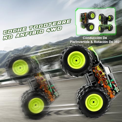 IEEILULU Monster Truck Teledirigido, Coche Teledirigido con Luz LED 2,4 GHz Vehículo Anfibio Coche RC 4WD Giro de 360° Marcha Vertical Coches Teledirigidos Todoterreno para 3+ Niños (Verde) - imagen 2