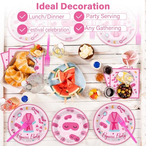 Image of 100 Pcs Pajama Party Paper Plates and Napkins Set Sleepover Party Decorations Supplies Girls Sleepover Tableware Favors for Spa Slumber Birthday Hot Pink Pajama Party Decorations Serves 25
