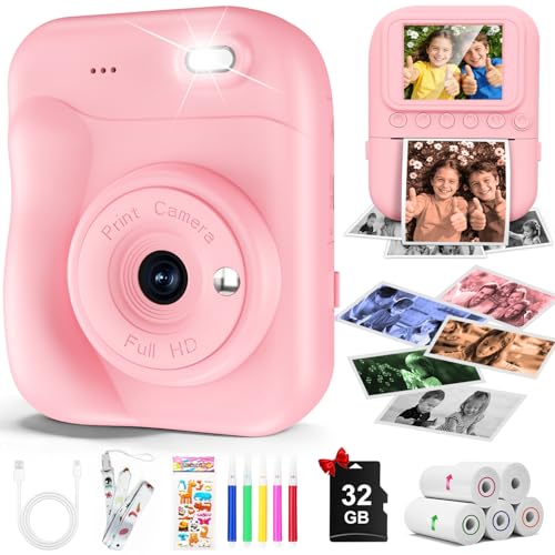 Kids Camera Instant Print 1080P Kids Digital Camera that Print Photos Portable Toddler Camera Toy for Girls Boys Age 3-12 Christmas Birthday Gifts 5 Rolls Paper & 32GB SD Card Pink